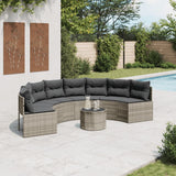 Garden Sofa with Table and Cushions Half-Round Grey Poly Rattan