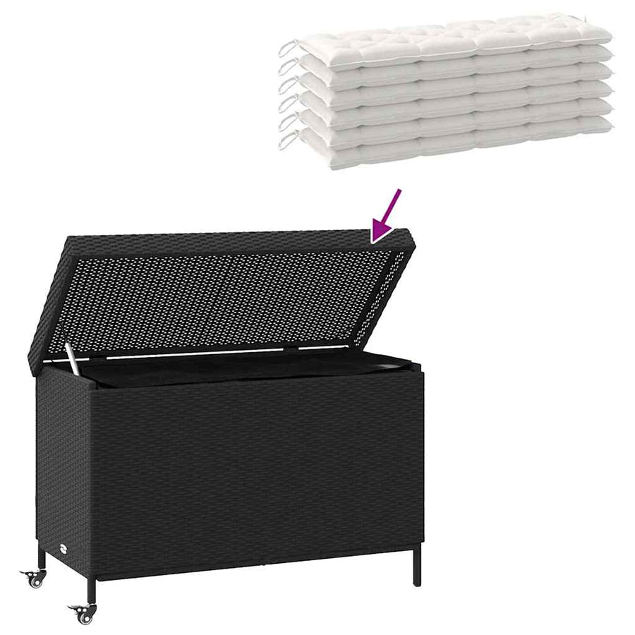 Garden Storage Box with Wheels Black 110x55x73 cm Poly Rattan