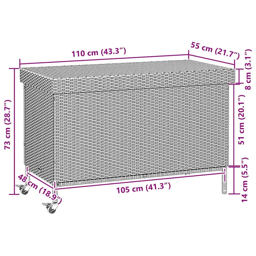 Garden Storage Box with Wheels Black 110x55x73 cm Poly Rattan