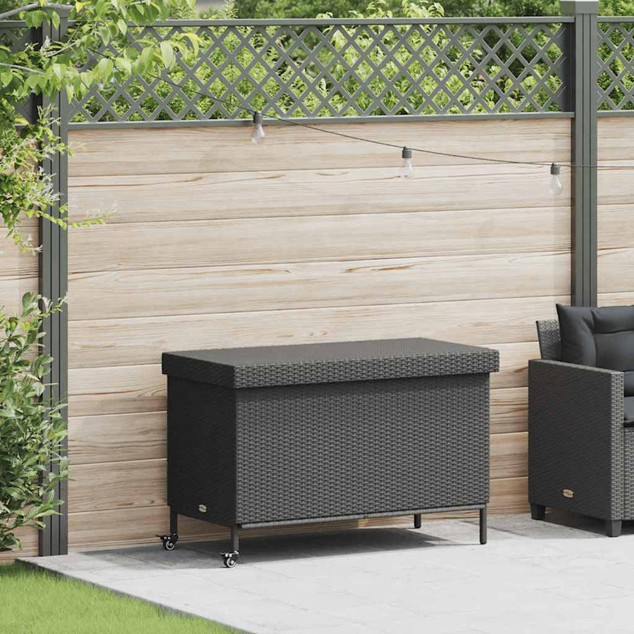 Garden Storage Box with Wheels Black 110x55x73 cm Poly Rattan
