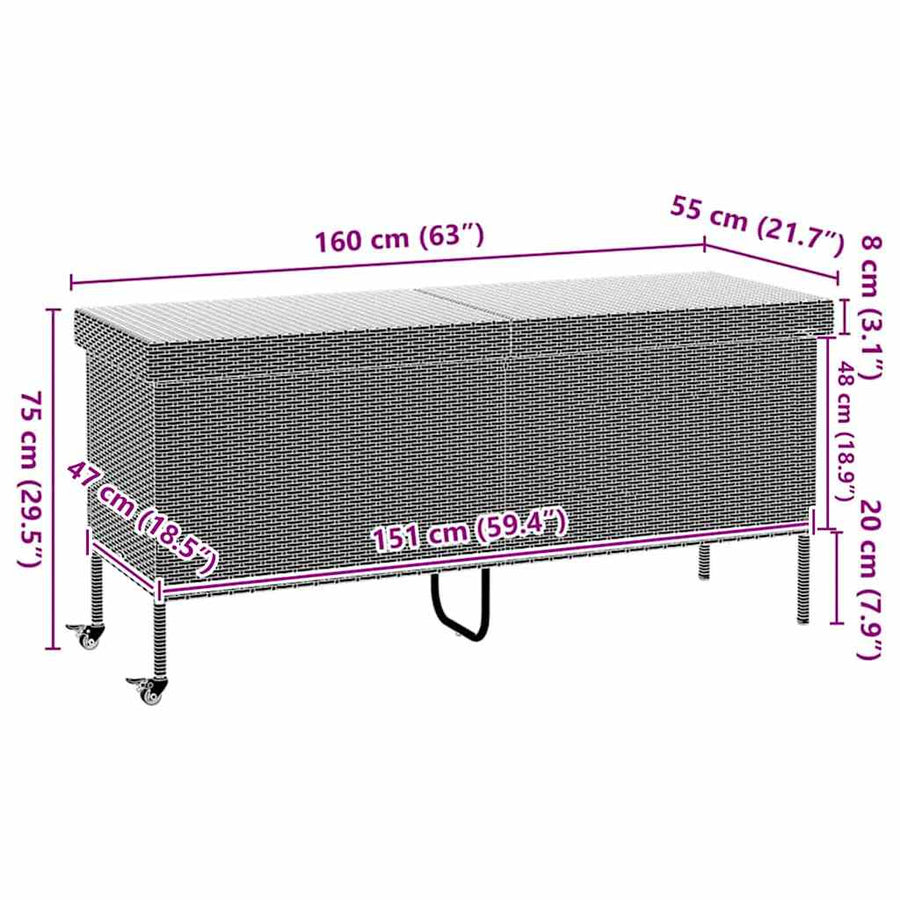 Garden Storage Box with Wheels Black 160x55x75 cm Poly Rattan
