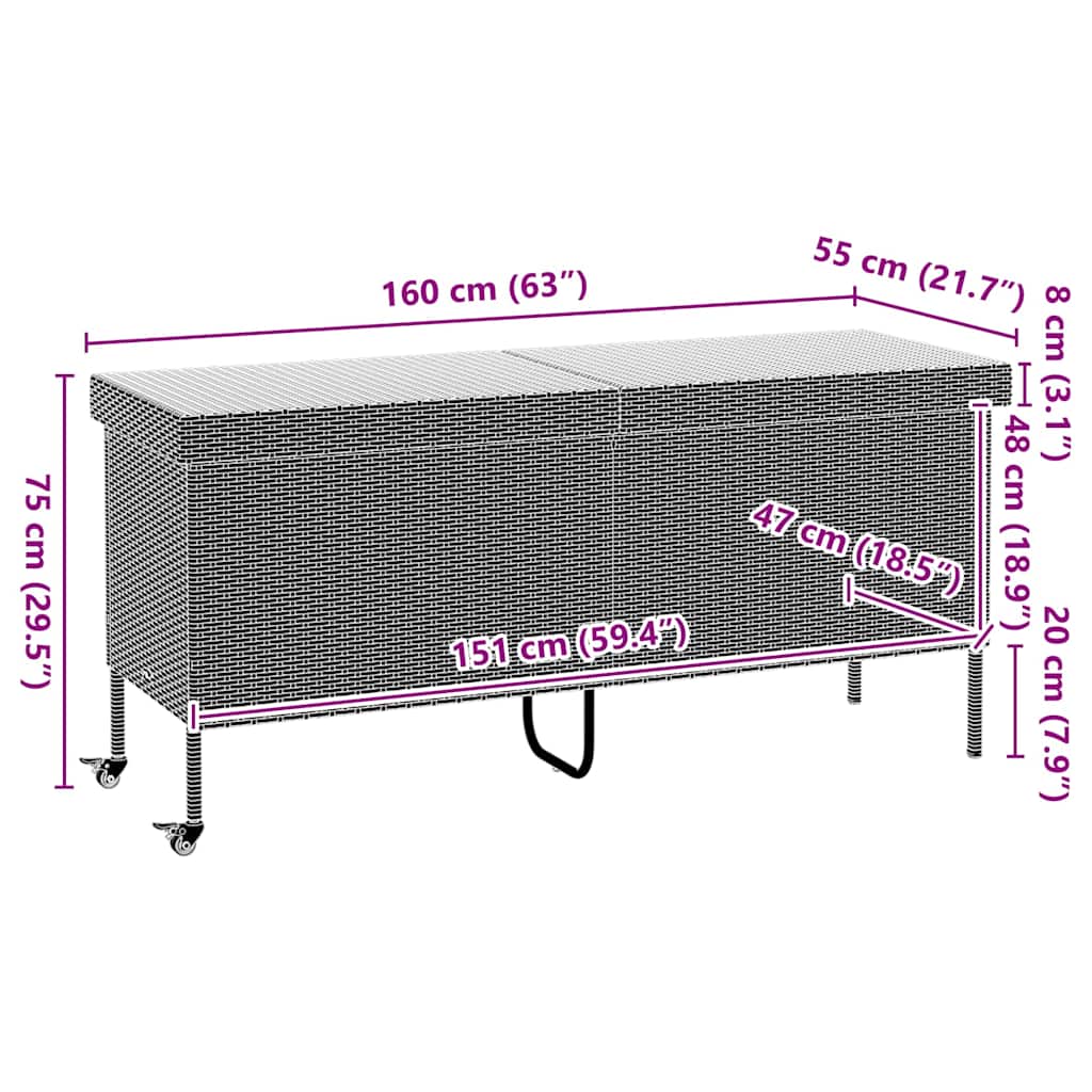 Garden Storage Box with Wheels Grey 160x55x75 cm Poly Rattan