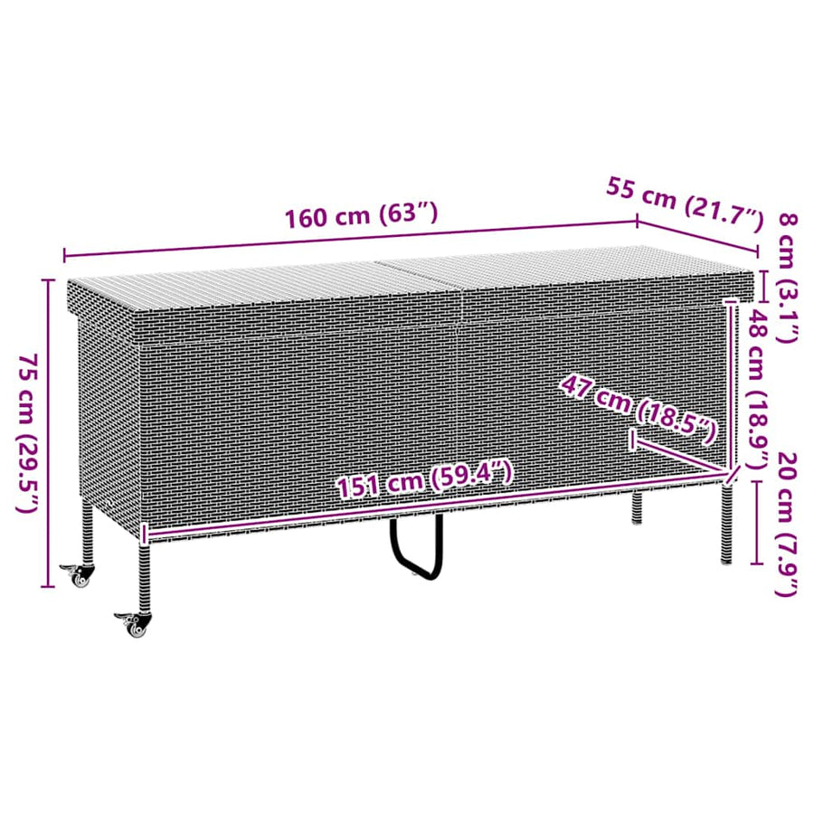 Garden Storage Box with Wheels Grey 160x55x75 cm Poly Rattan