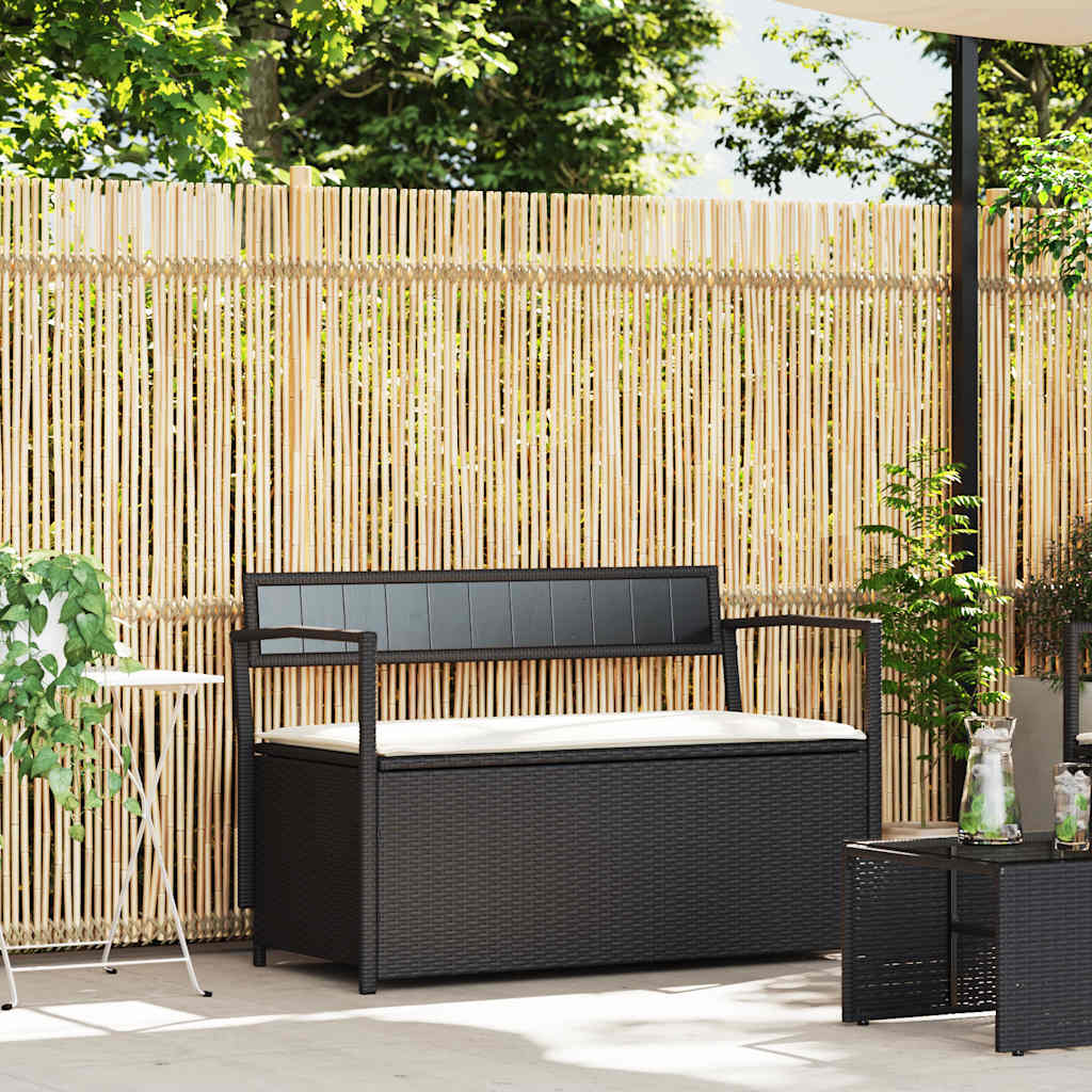 Garden Storage Bench with Cushion Black Poly Rattan