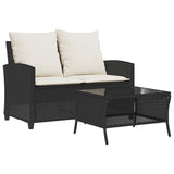 Garden Sofa 2-Seater with Cushions&Table Black Poly Rattan - Front View