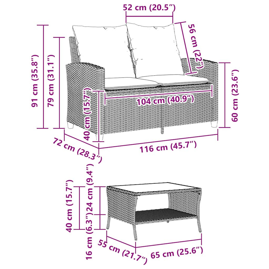 Garden Sofa 2-Seater with Cushions&Table Black Poly Rattan
