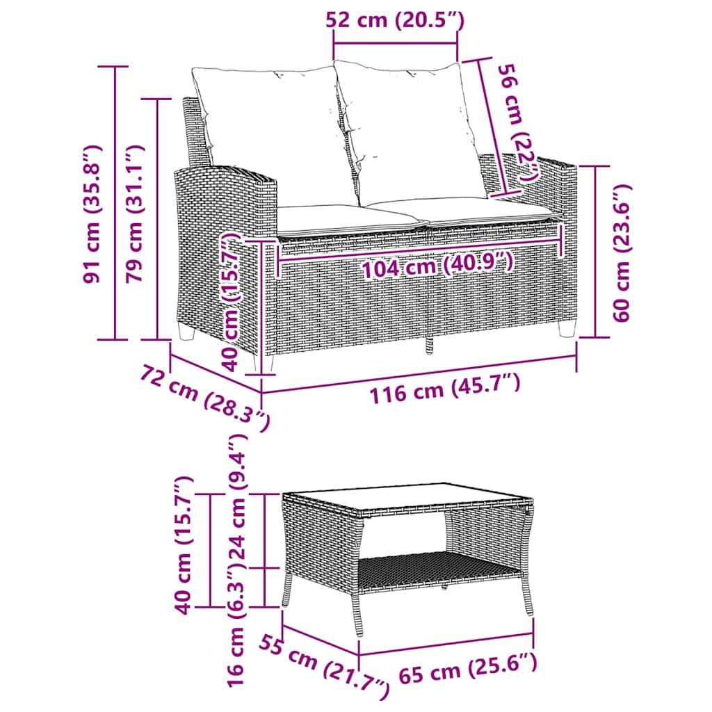 Garden Sofa 2-Seater with Cushions&Table Beige Poly Rattan