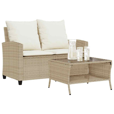 Garden Sofa 2-Seater with Cushions&Table Beige Poly Rattan