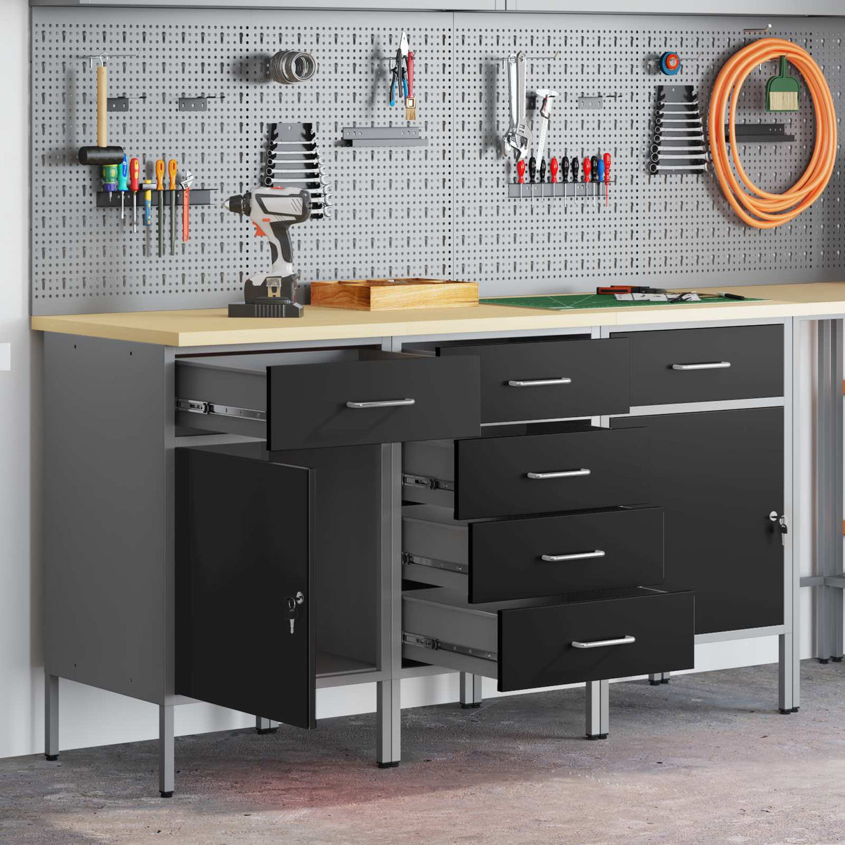 Work Cabinet with Drawer 3 pcs Black and Grey 150 x 55 x 85 cm