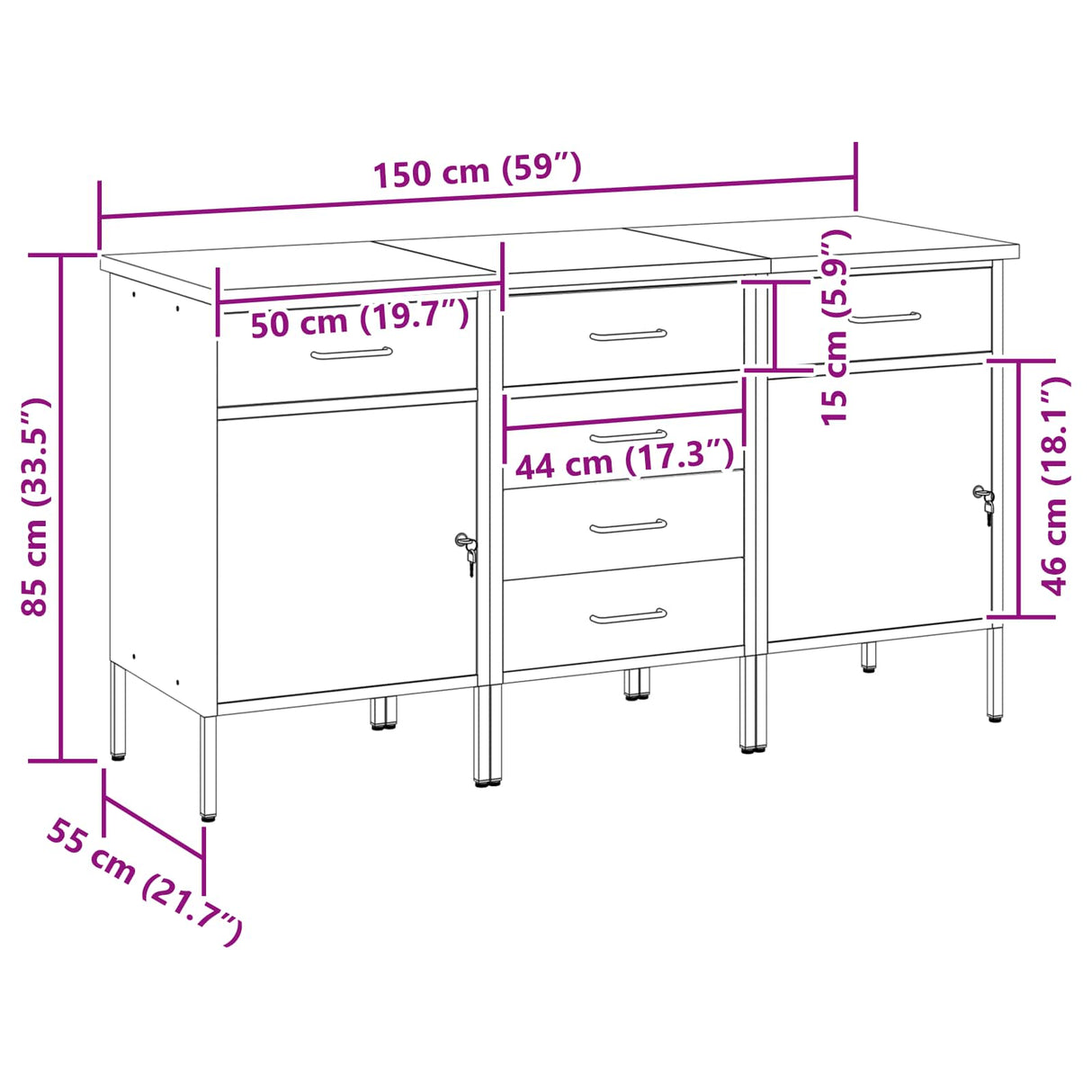 Work Cabinet with Drawer 3 pcs Black and Grey 150 x 55 x 85 cm