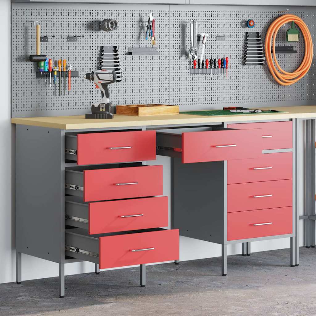 Work Cabinet with Drawer 3 pcs Red Engineered wood and steel