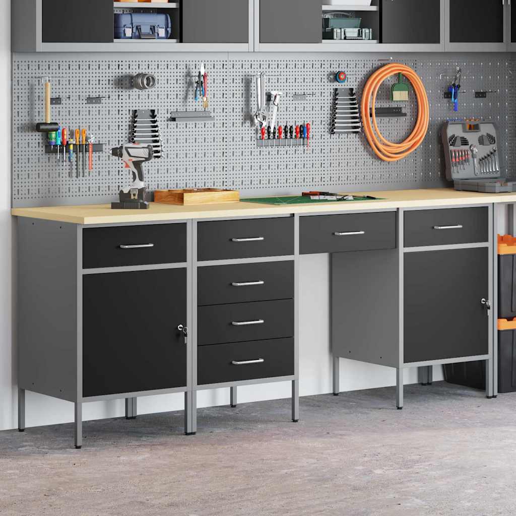 Work Cabinet with Drawer 4 pcs Black Engineered wood and steel