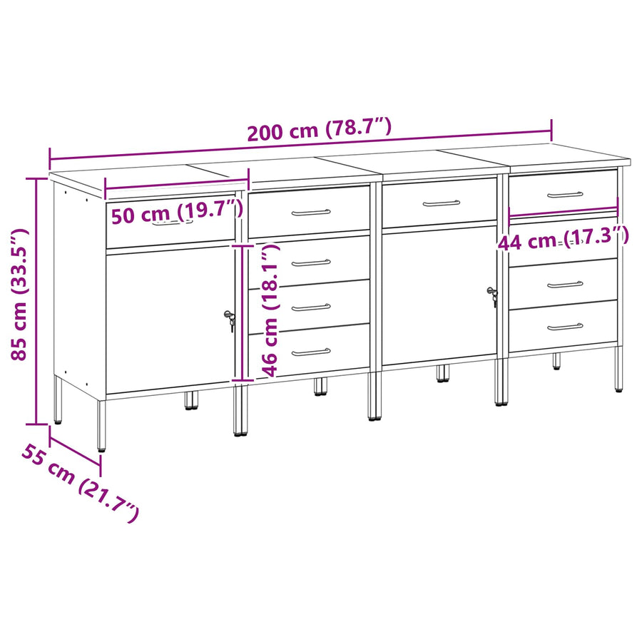 Work Cabinet with Drawer 4 pcs Black and Grey 200 x 55 x 85 cm