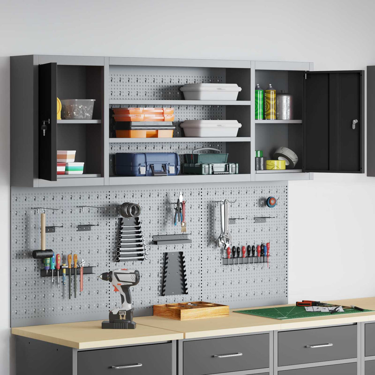 Tool Cabinet Set with Shelf 6 pcs Black Powder-Coated Steel