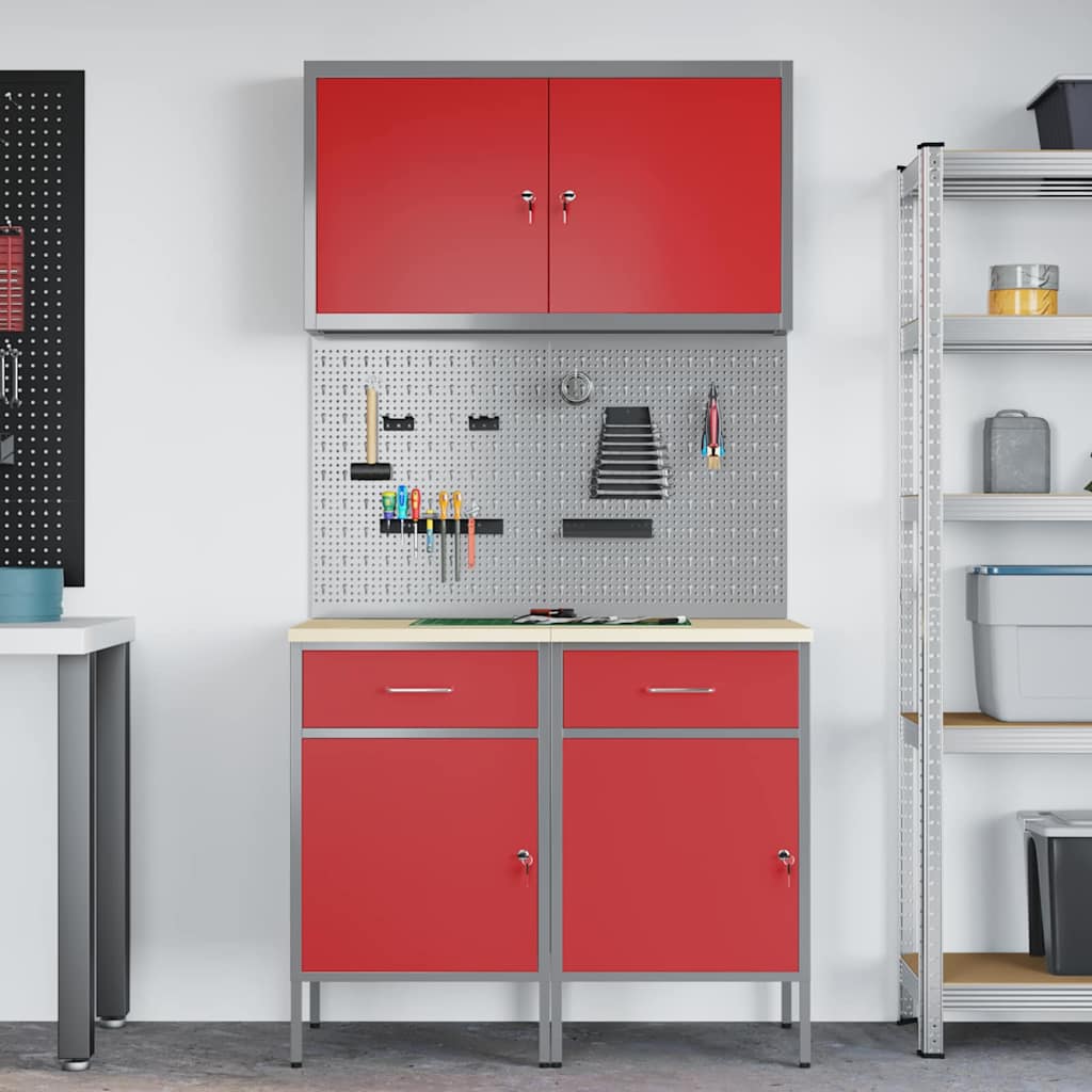 Work Cabinet with Drawer 5 pcs Red Engineered wood and steel