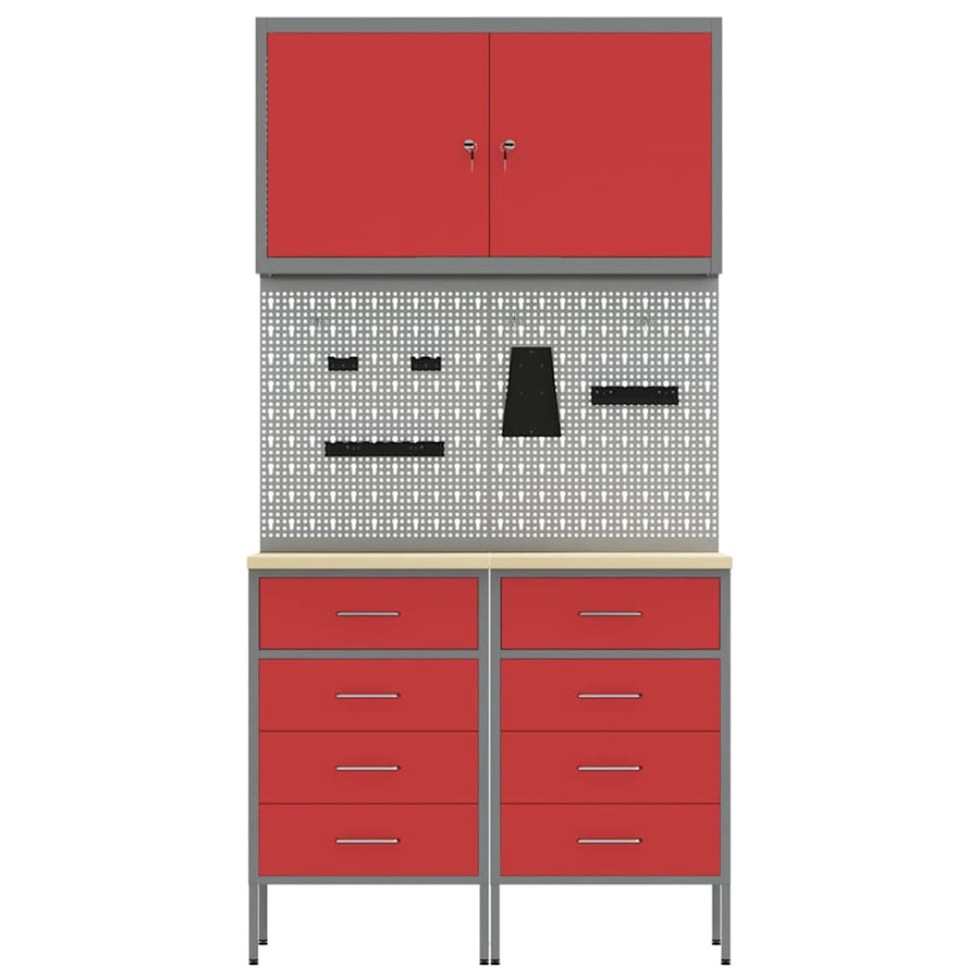 Work Cabinet 5 pcs Red and Grey Engineered wood and steel