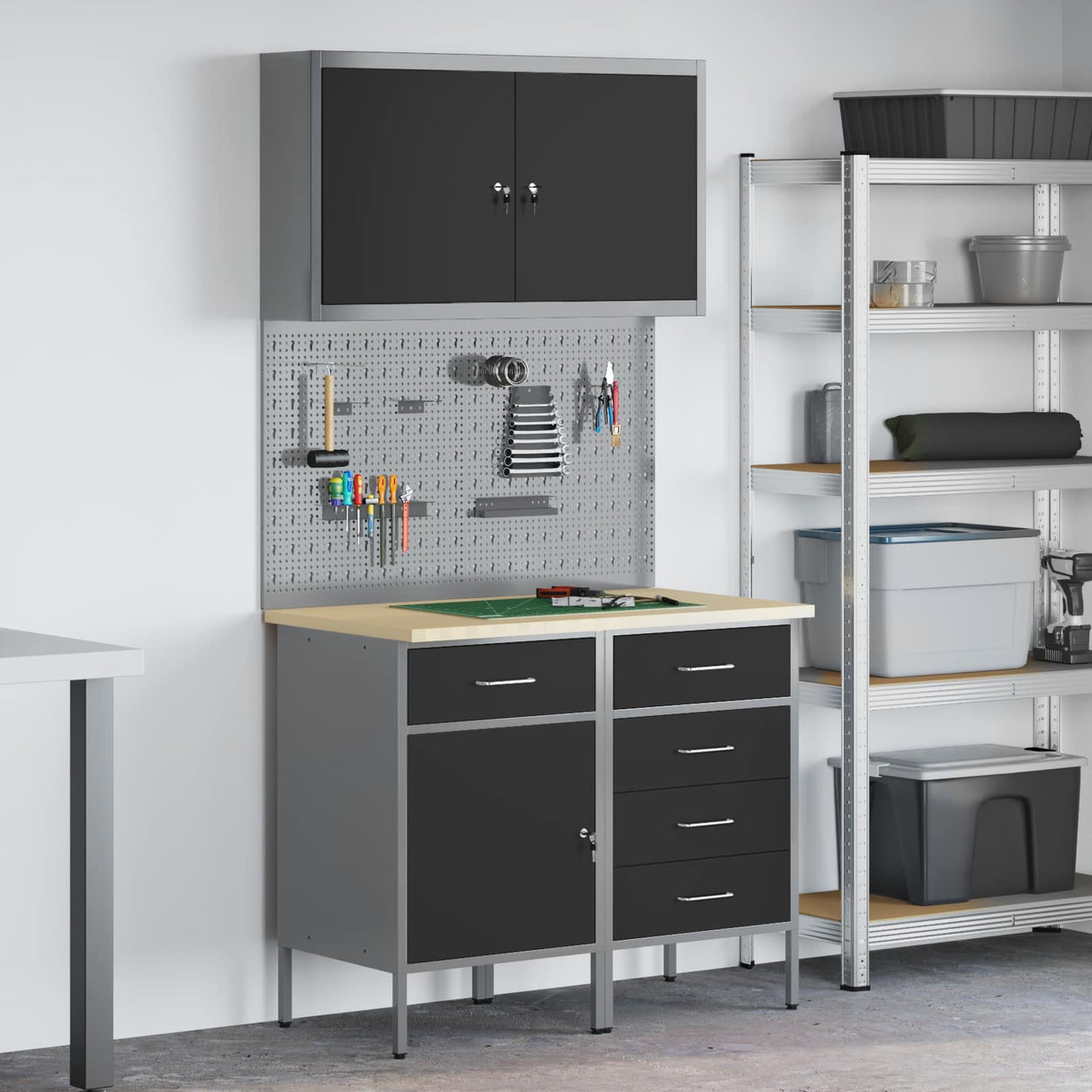 Work Cabinet with Drawer 5 pcs Black Engineered wood and steel