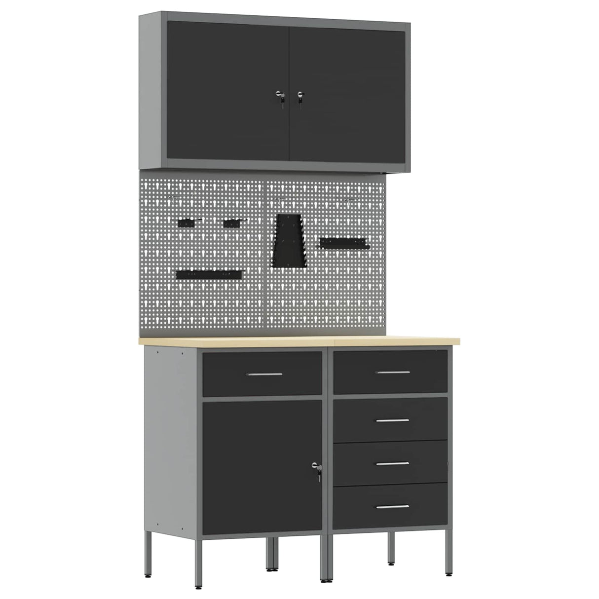 Work Cabinet with Drawer 5 pcs Black Engineered wood and steel