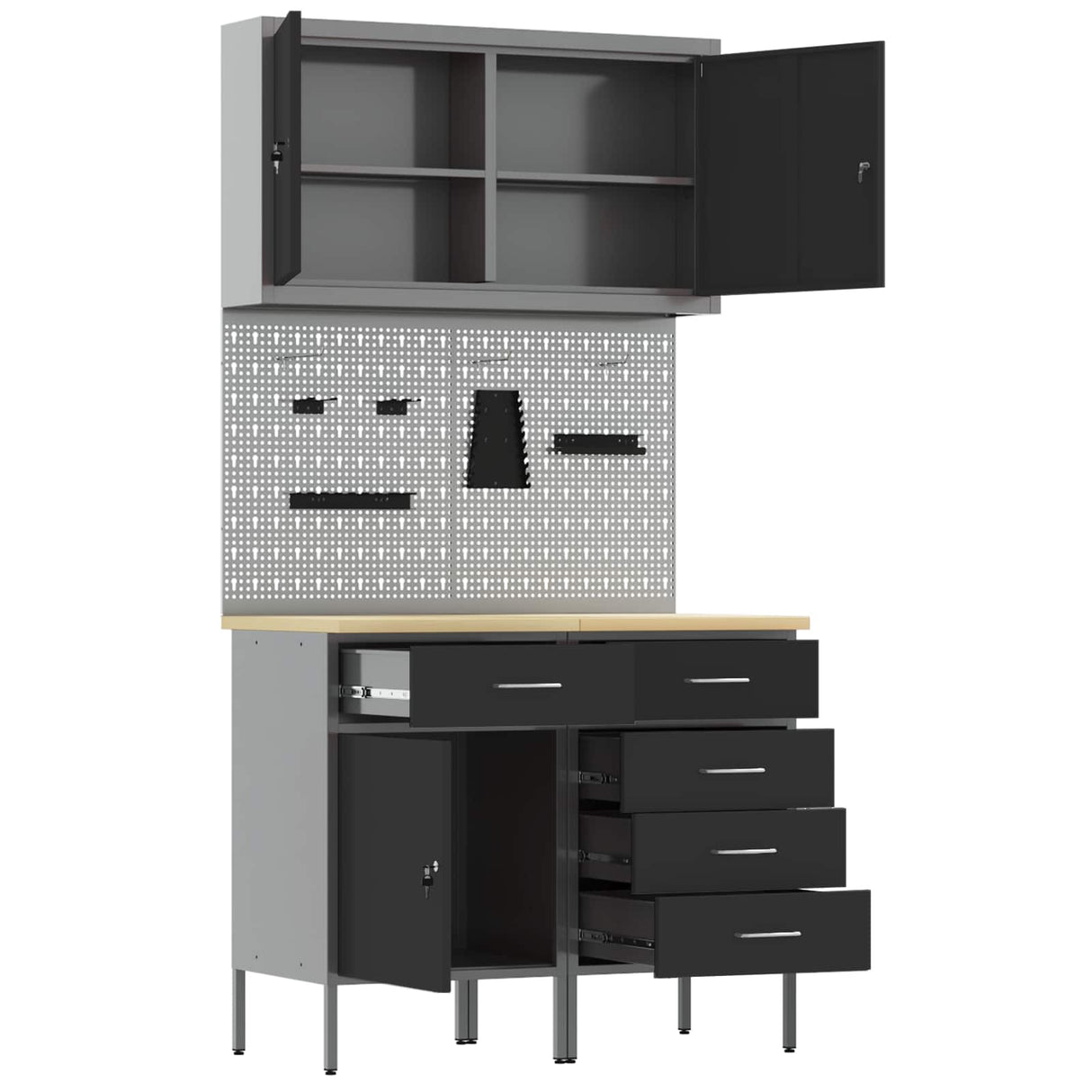 Work Cabinet with Drawer 5 pcs Black Engineered wood and steel