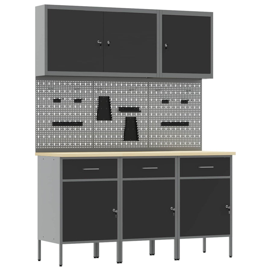 Work Cabinet with Drawer 8 pcs Black Engineered wood and steel