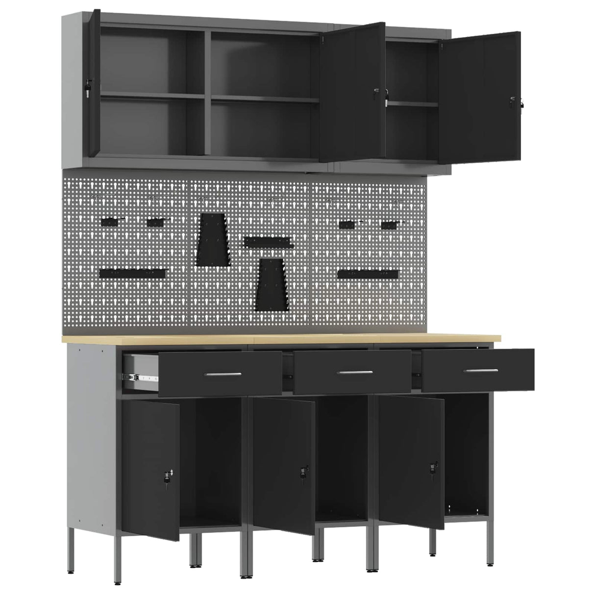 Work Cabinet with Drawer 8 pcs Black Engineered wood and steel