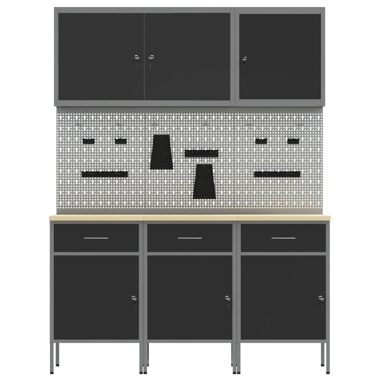 Work Cabinet with Drawer 8 pcs Black Engineered wood and steel