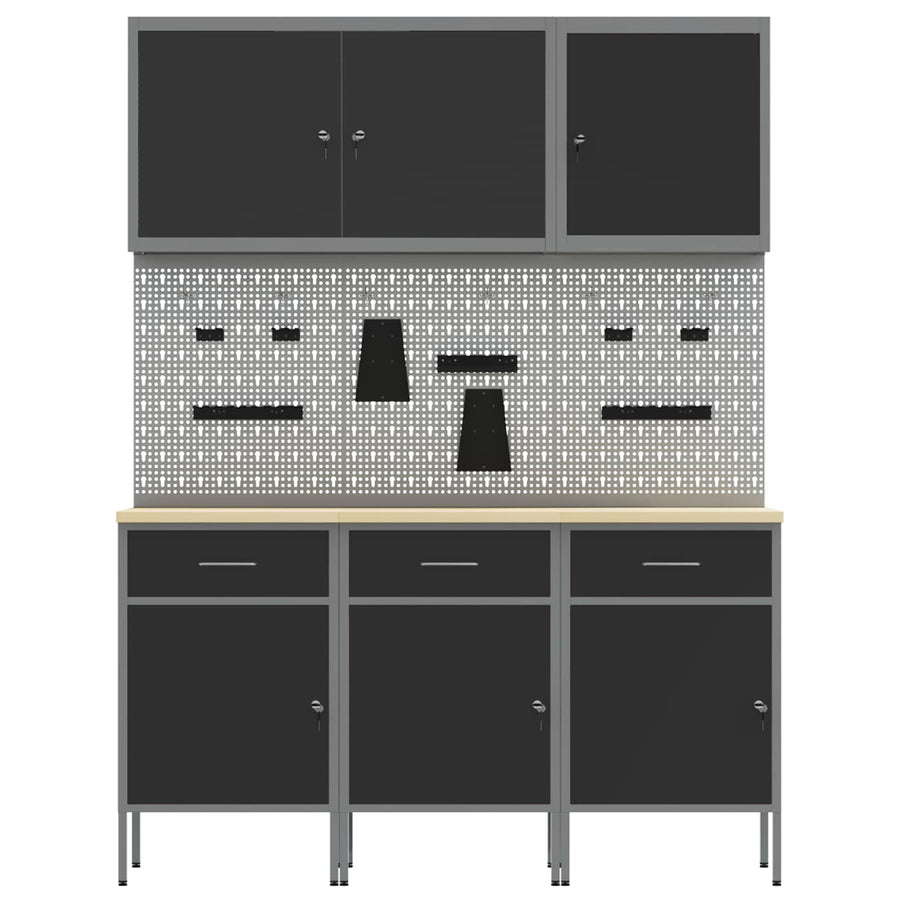 Work Cabinet with Drawer 8 pcs Black Engineered wood and steel