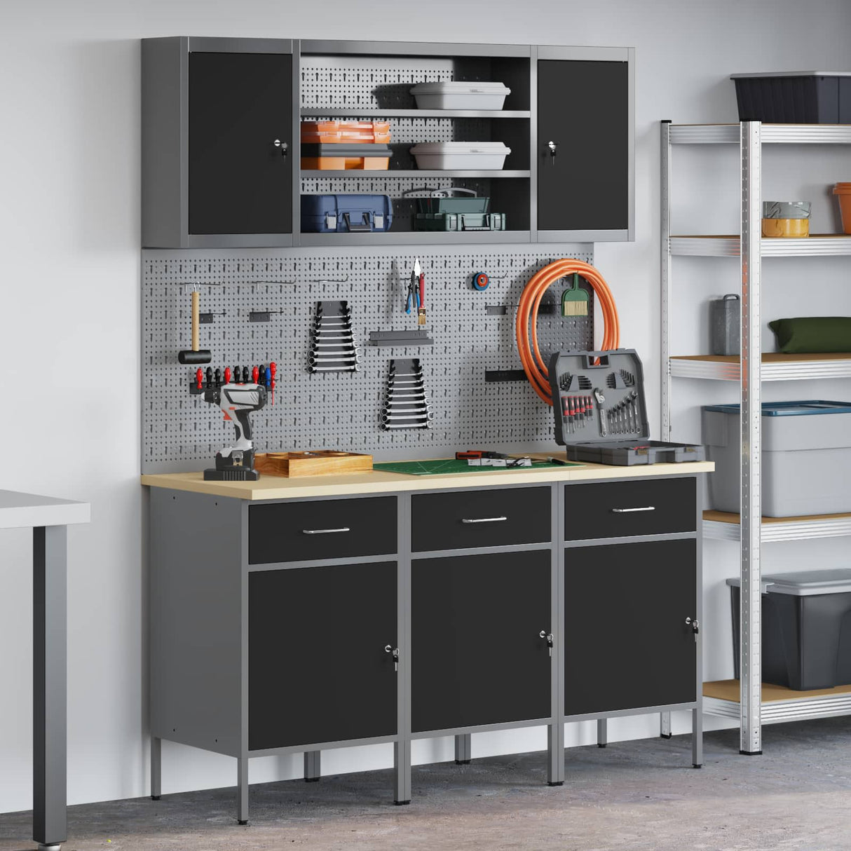 Work Cabinet with Drawer 7 pcs Black Engineered wood and steel