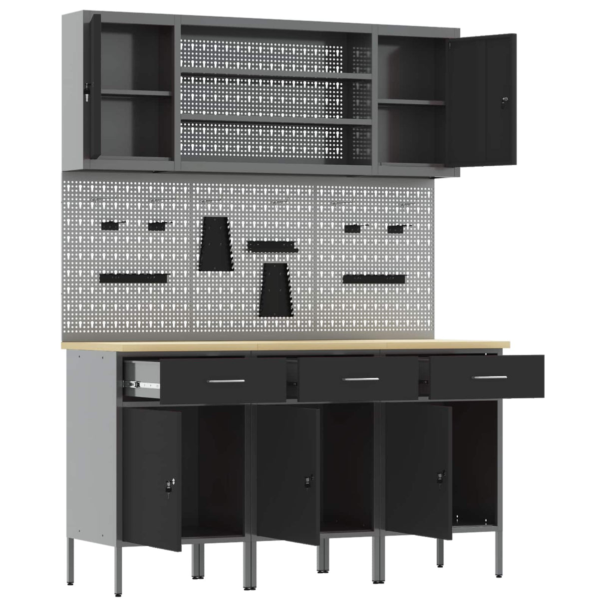 Work Cabinet with Drawer 7 pcs Black Engineered wood and steel