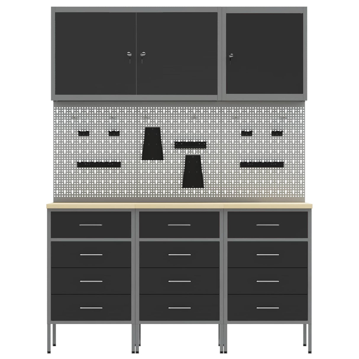 Work Cabinet with Drawer 8 pcs Black Engineered wood and steel