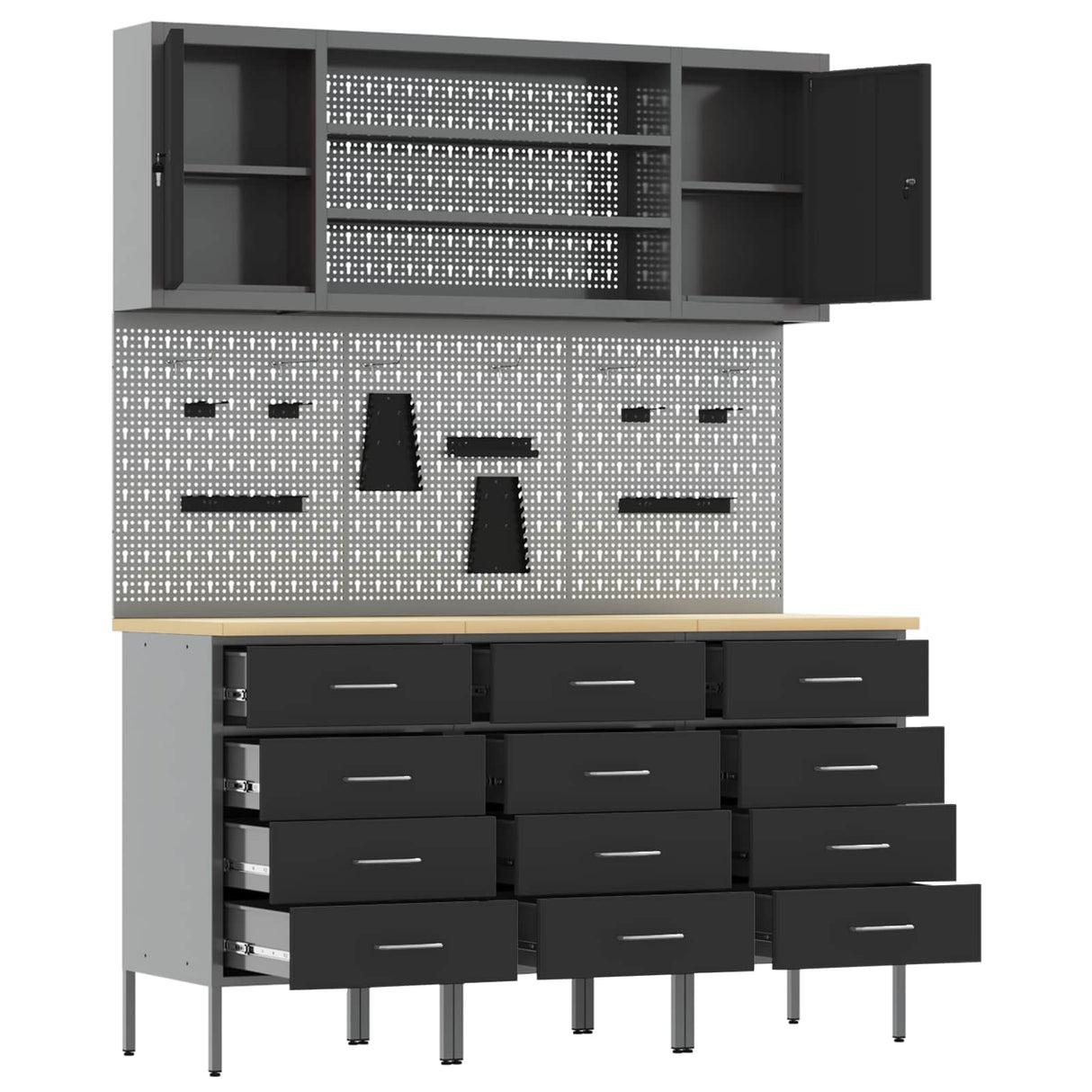 Work Cabinet with Drawer 7 pcs Black Engineered wood and steel