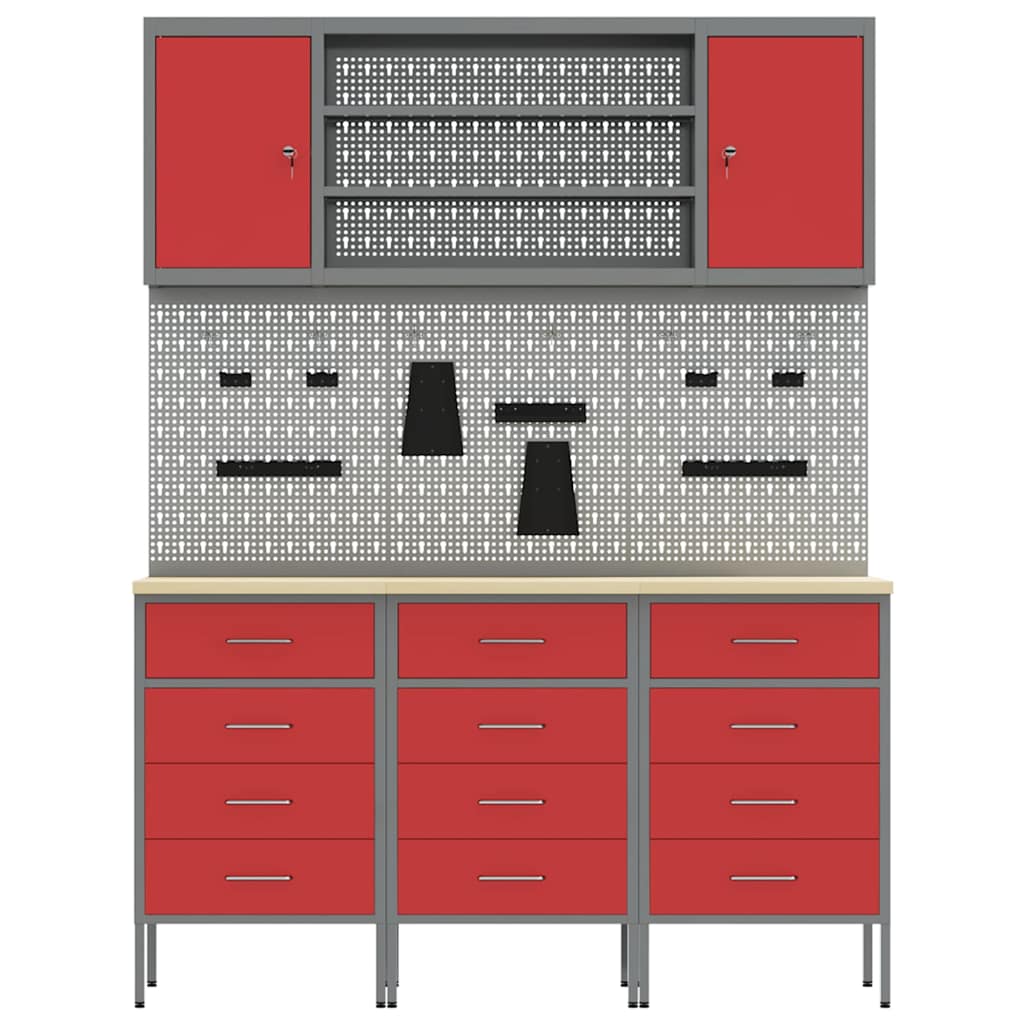 Work Cabinet with Drawer 7 pcs Red Engineered wood and steel