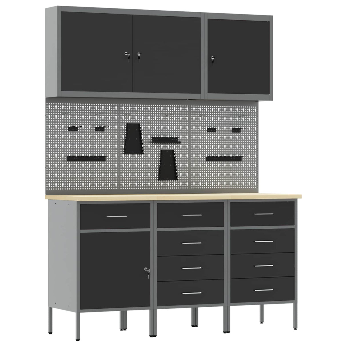Work Cabinet 8 pcs Black and Grey Engineered wood and steel