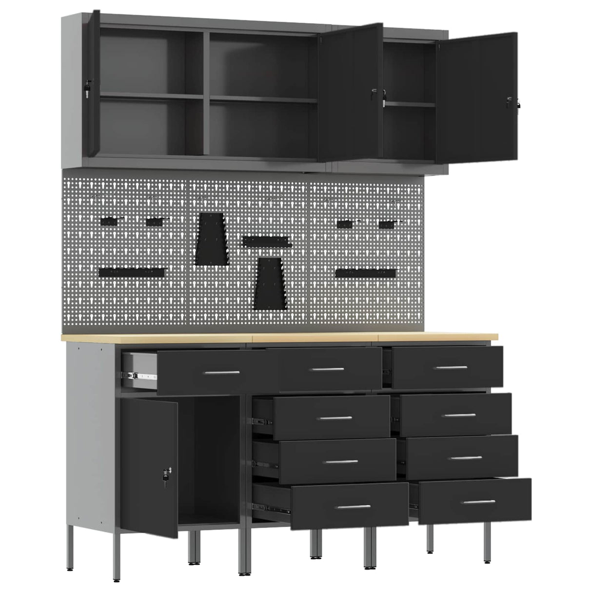 Work Cabinet 8 pcs Black and Grey Engineered wood and steel