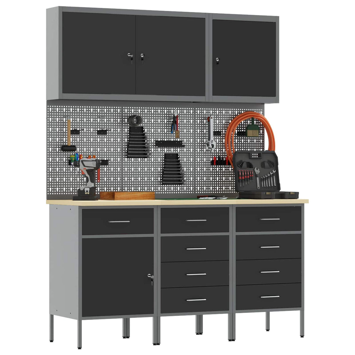 Work Cabinet 8 pcs Black and Grey Engineered wood and steel