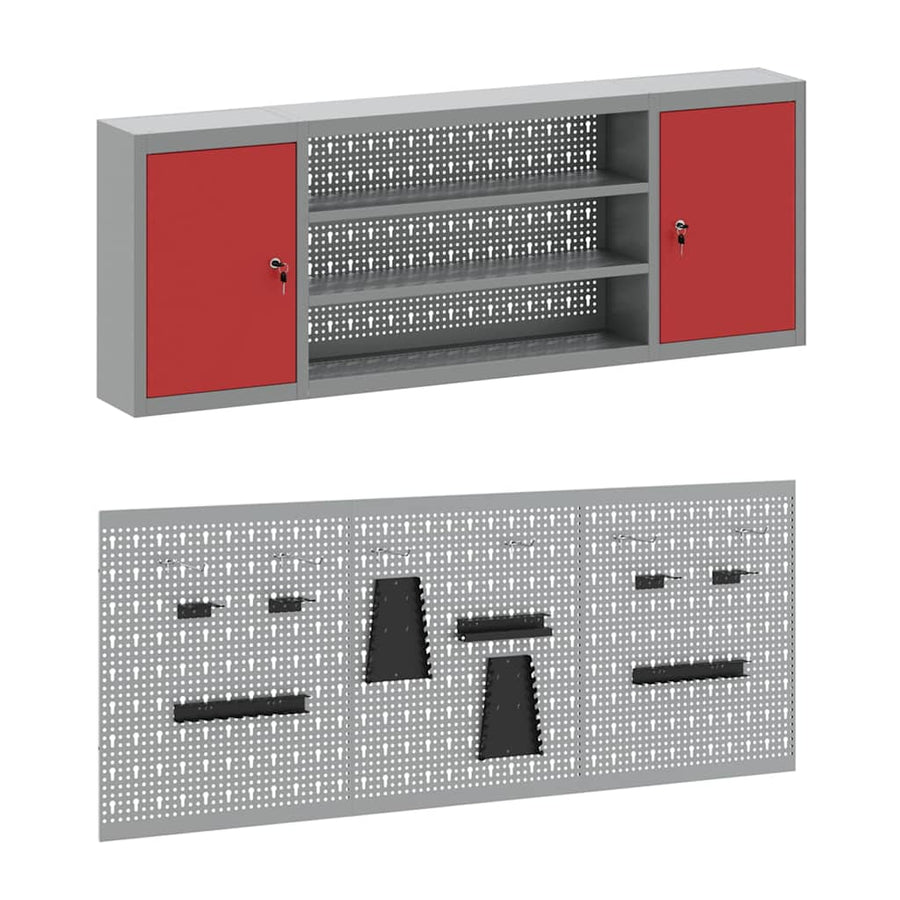Work Cabinet 7 pcs Red and Grey Engineered wood and steel