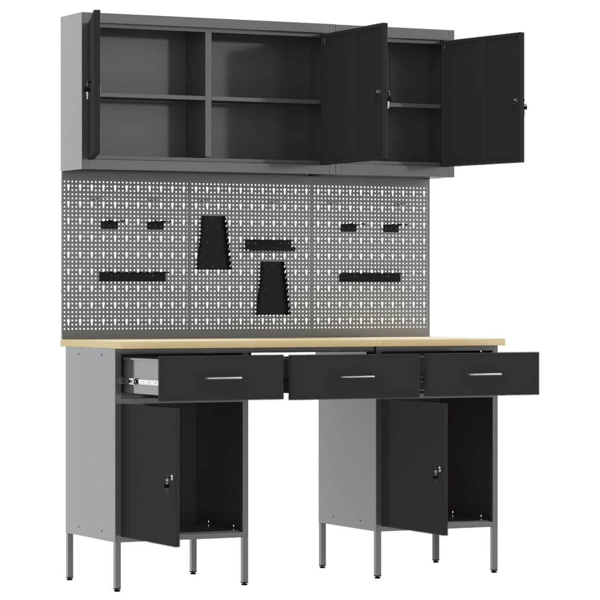 Work Cabinet with Drawer 8 pcs Black Engineered wood and steel