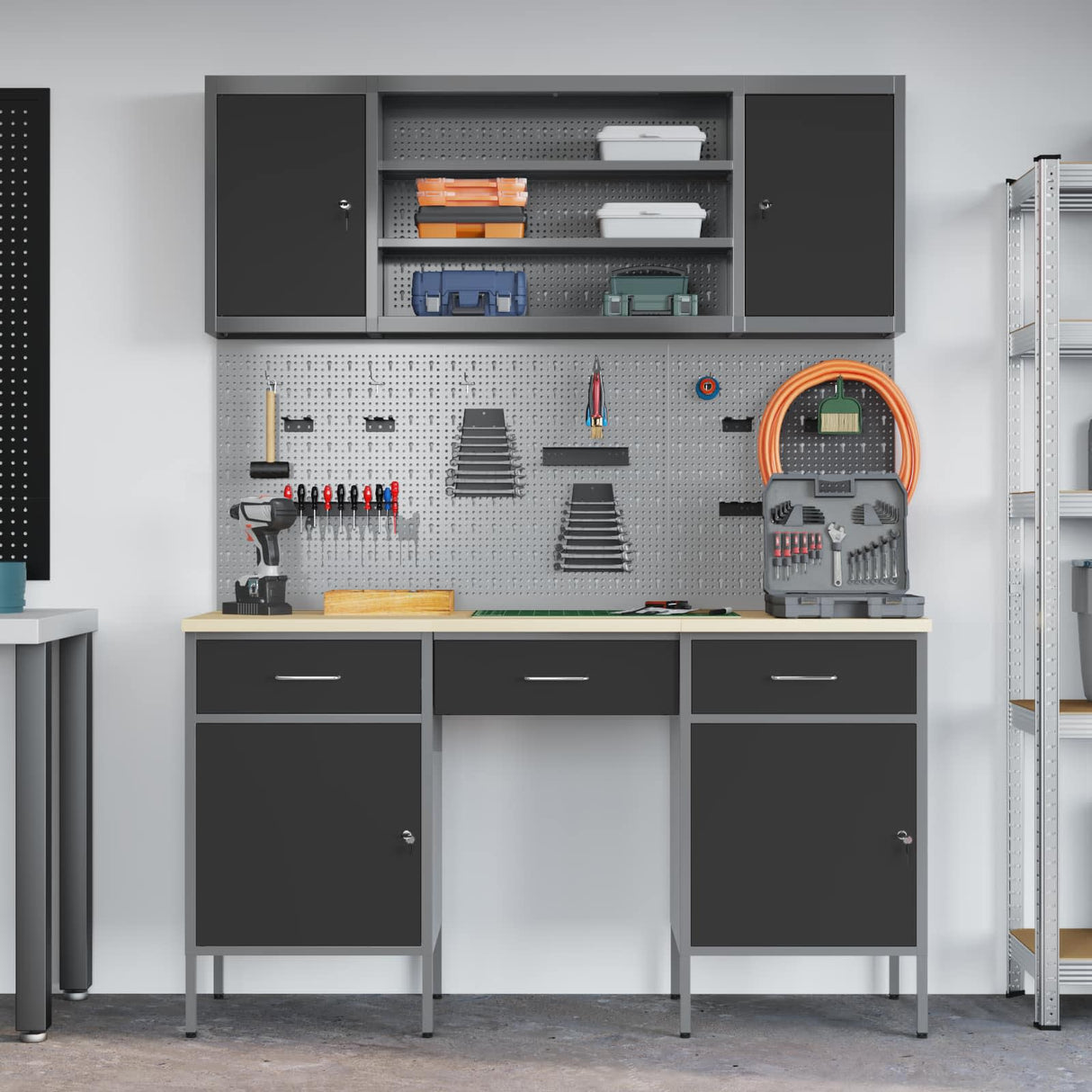 Work Cabinet with Drawer 7 pcs Black Engineered wood and steel