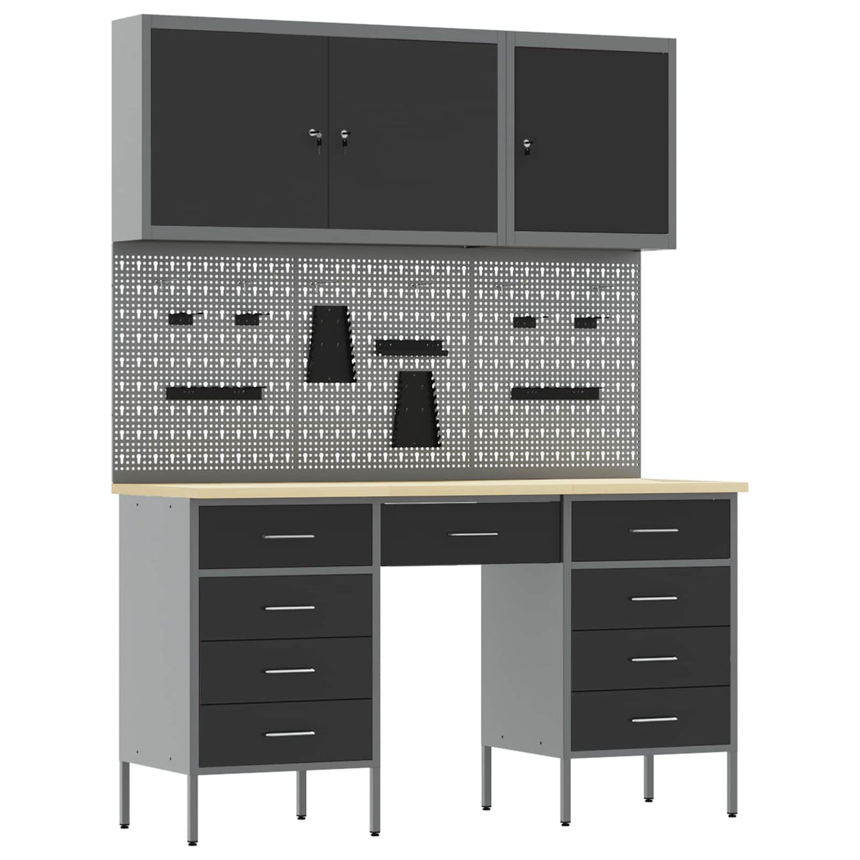 Work Cabinet 8 pcs Black and Grey Engineered wood and steel