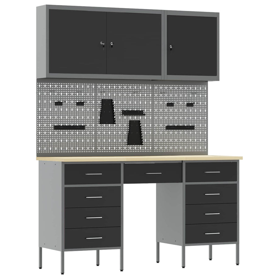 Work Cabinet 8 pcs Black and Grey Engineered wood and steel