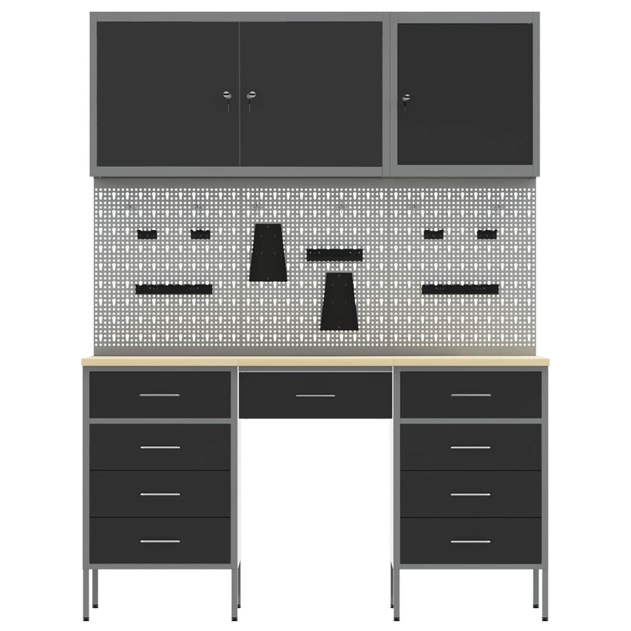 Work Cabinet 8 pcs Black and Grey Engineered wood and steel