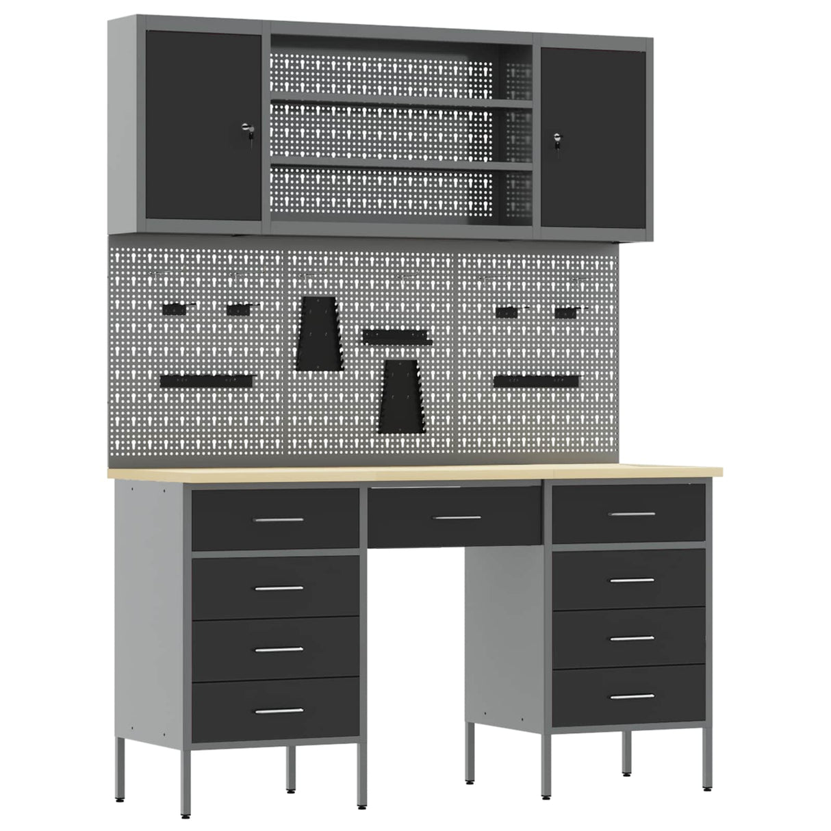 Work Cabinet with Drawer 7 pcs Black Engineered wood and steel