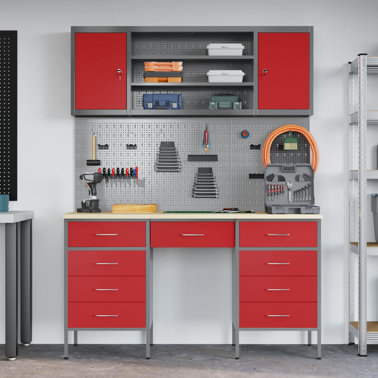 Work Cabinet 7 pcs Red and Grey Engineered wood and steel
