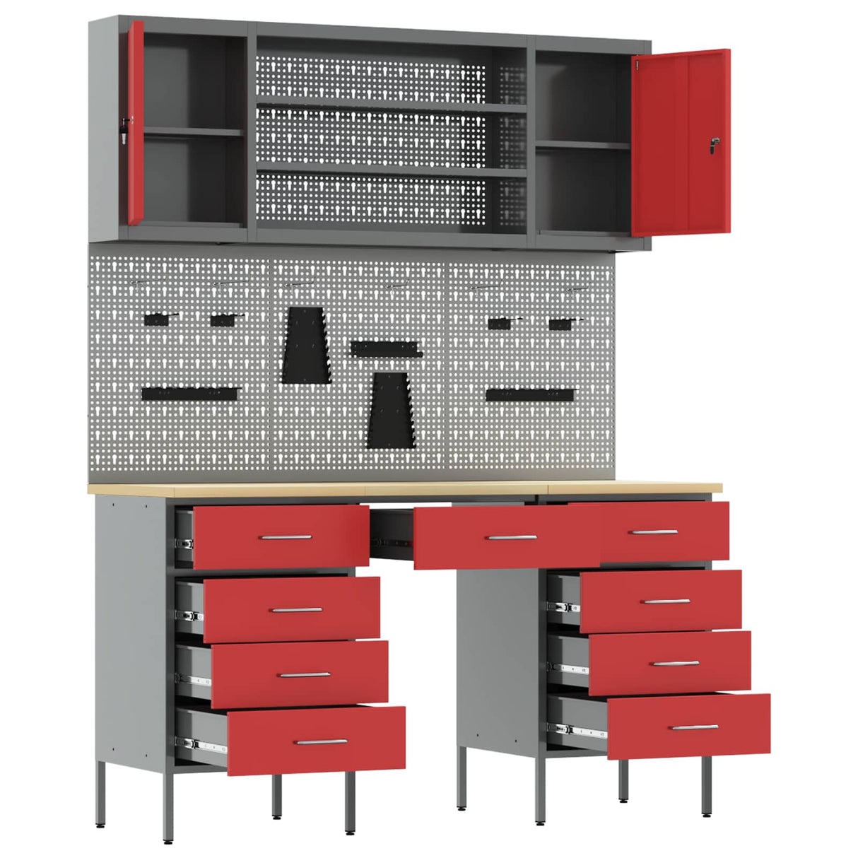 Work Cabinet 7 pcs Red and Grey Engineered wood and steel