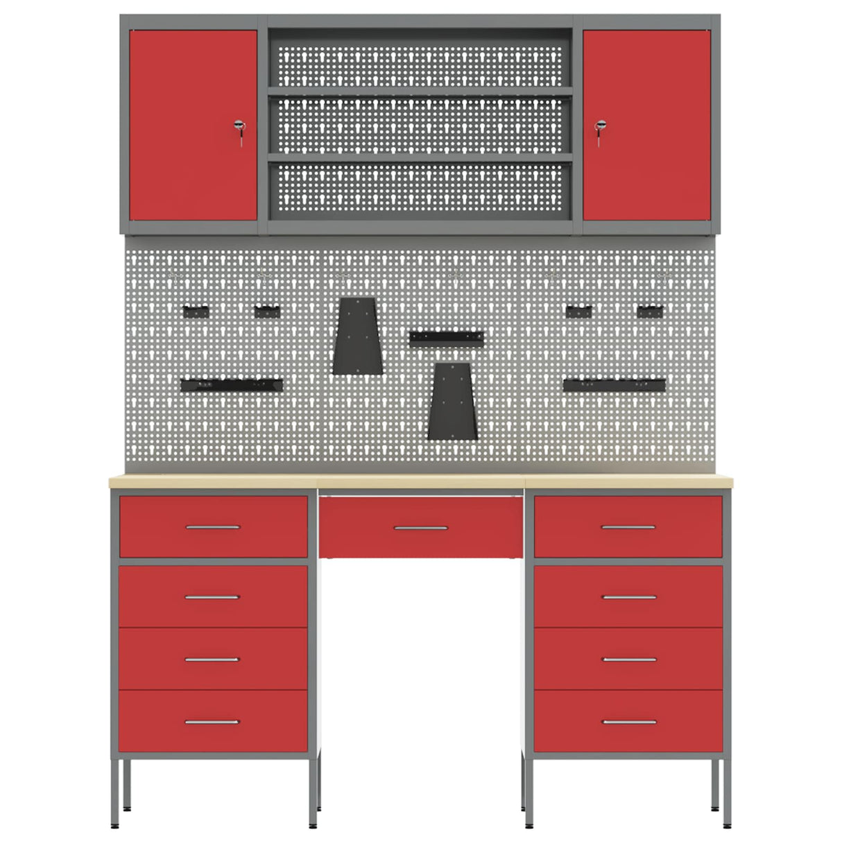 Work Cabinet 7 pcs Red and Grey Engineered wood and steel