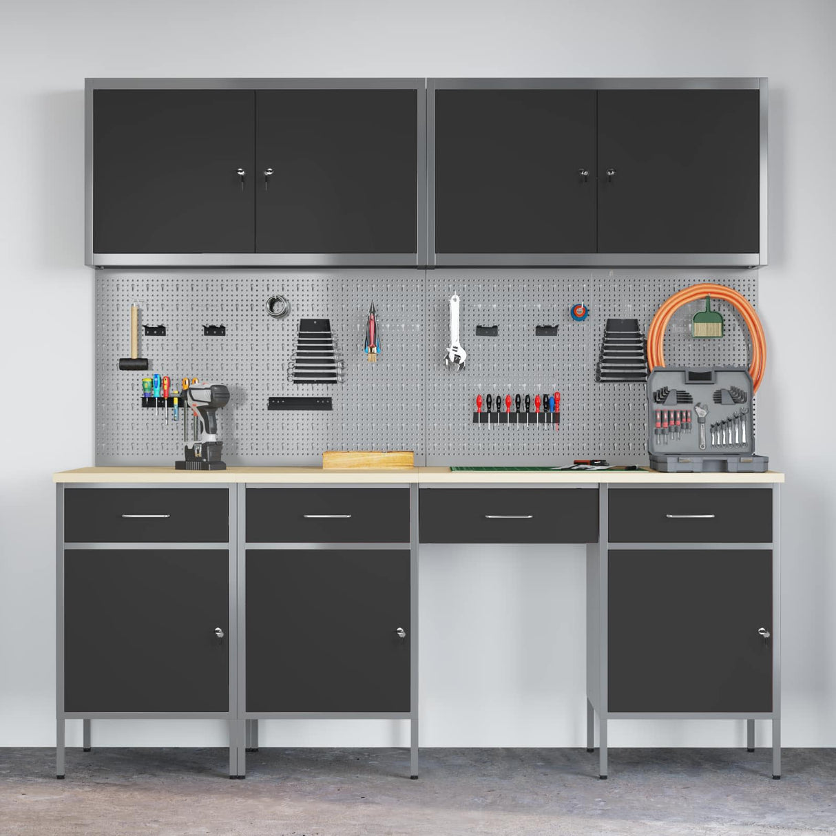 Work Cabinet with Drawer 10 pcs Black Engineered wood and steel