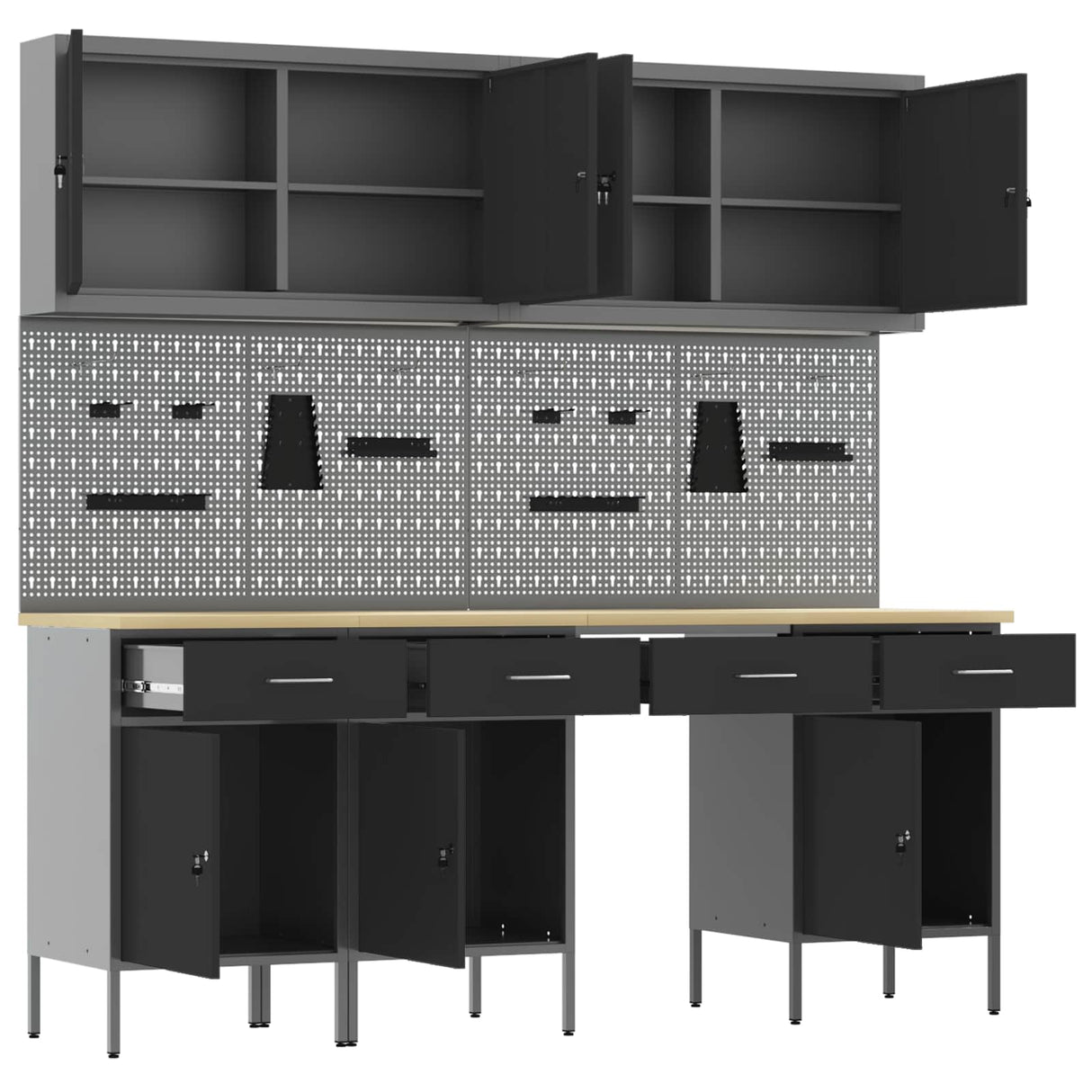 Work Cabinet with Drawer 10 pcs Black Engineered wood and steel