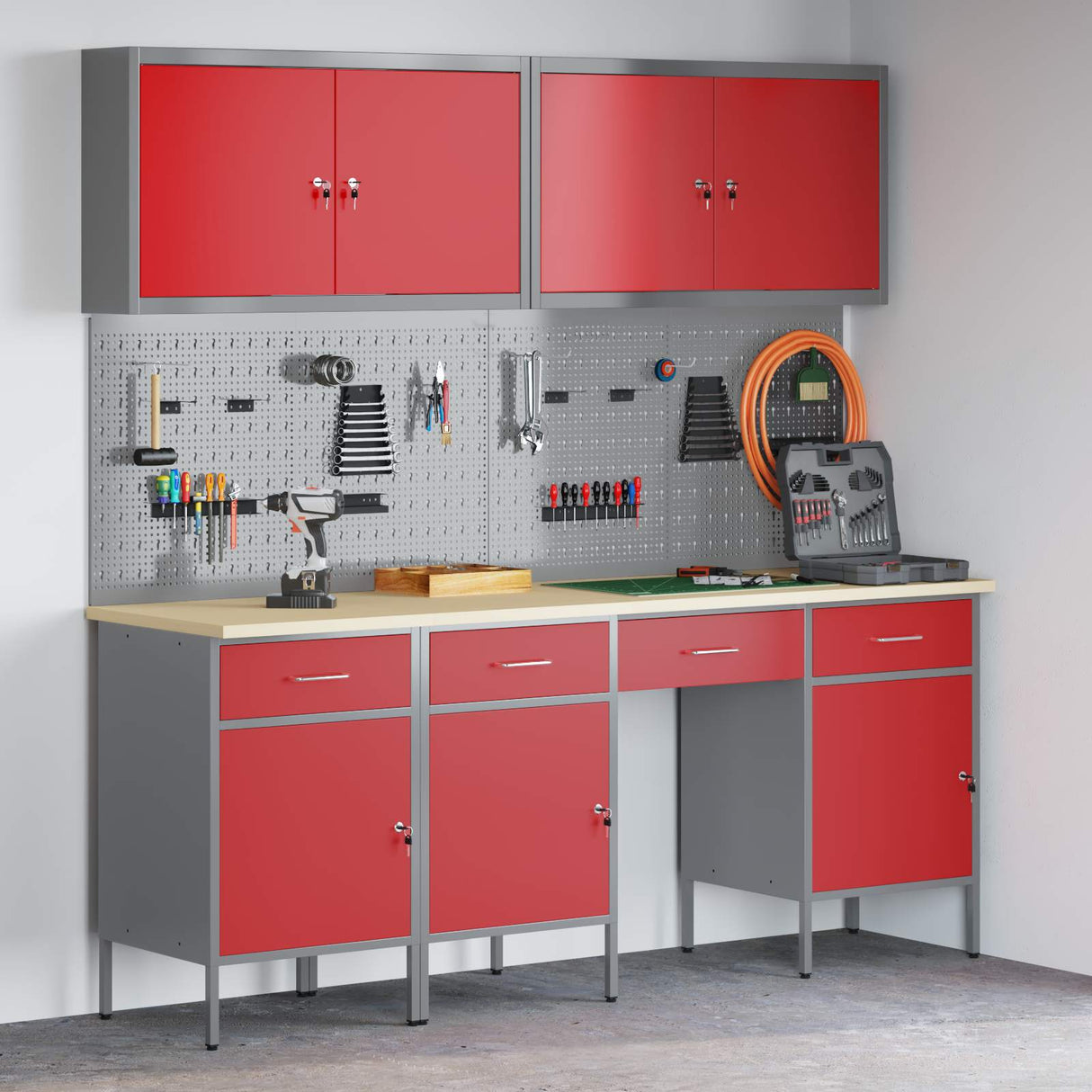 Work Cabinet with Drawer 10 pcs Red Engineered wood and steel