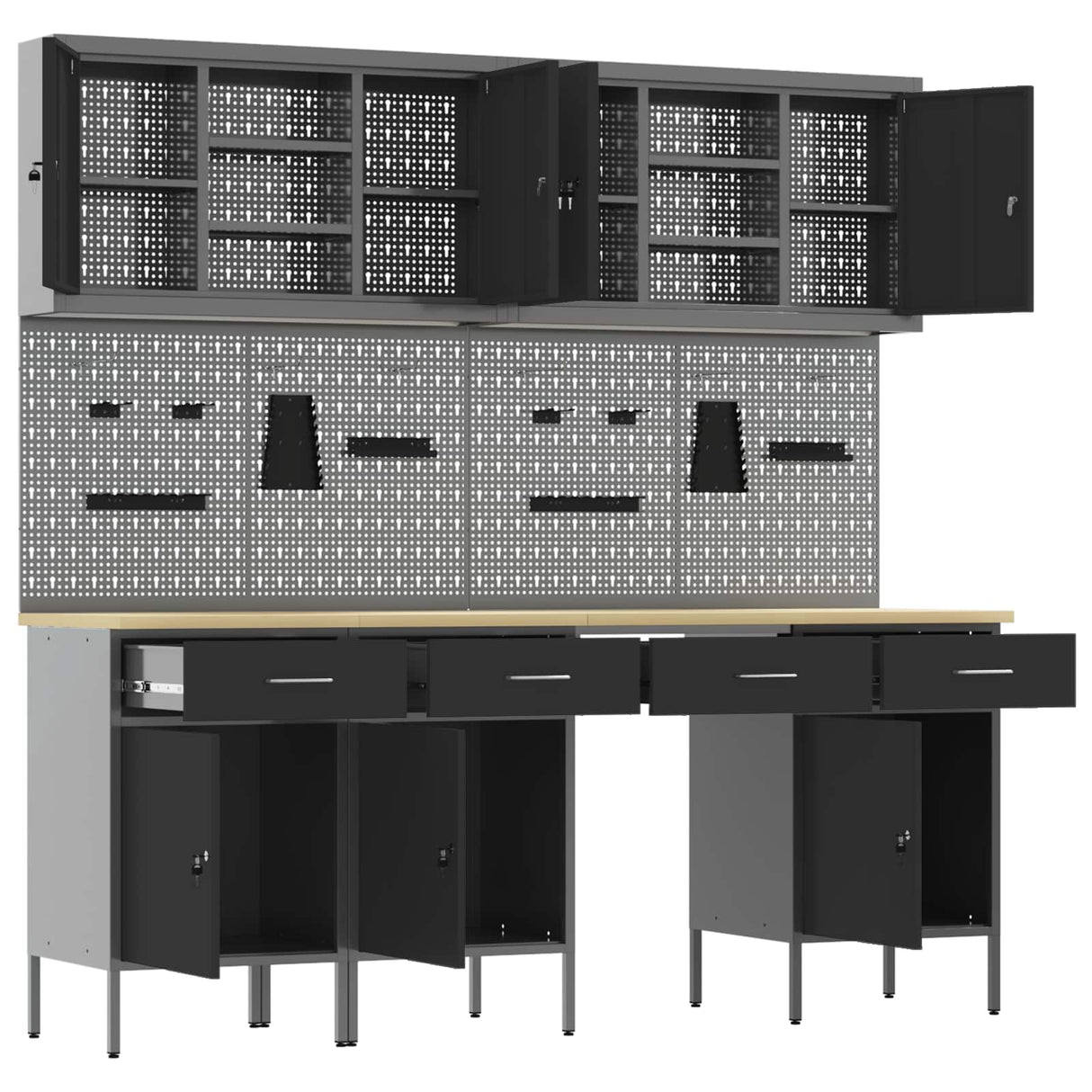 Work Cabinet with Drawer 10 pcs Black Engineered wood and steel