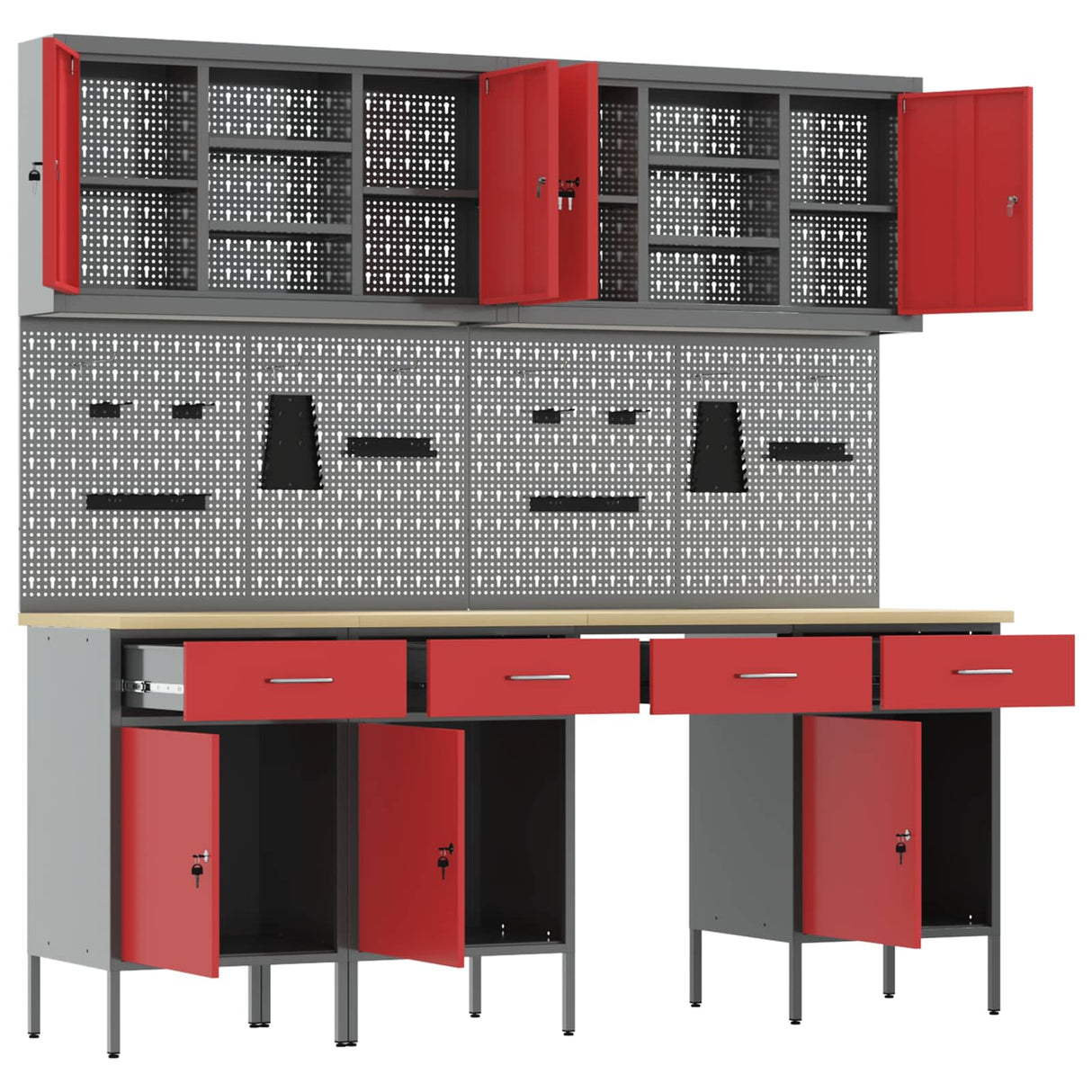 Work Cabinet with Drawer 10 pcs Red Engineered wood and steel